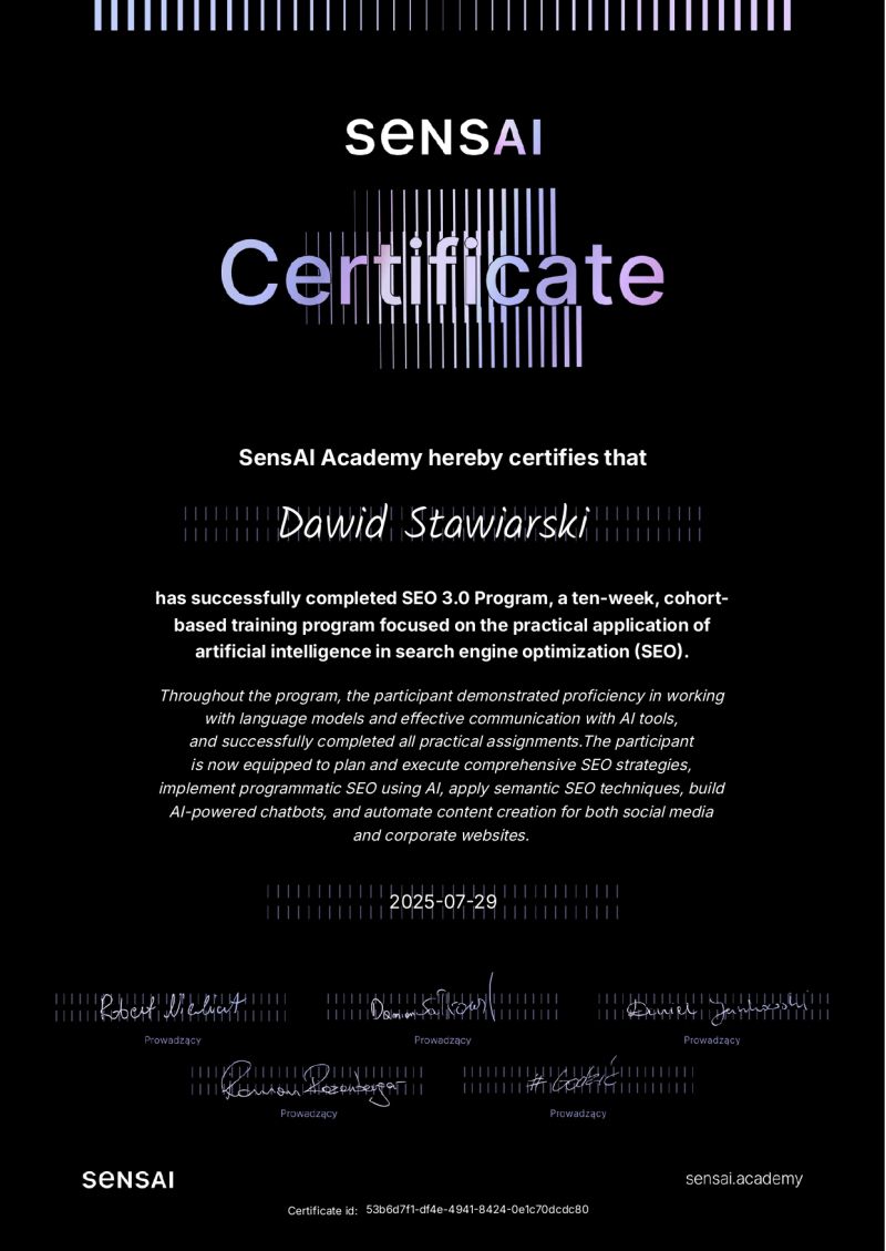 Certyfikat SensAI Academy - SEO 3.0 Program z wykorzystaniem sztucznej inteligencji